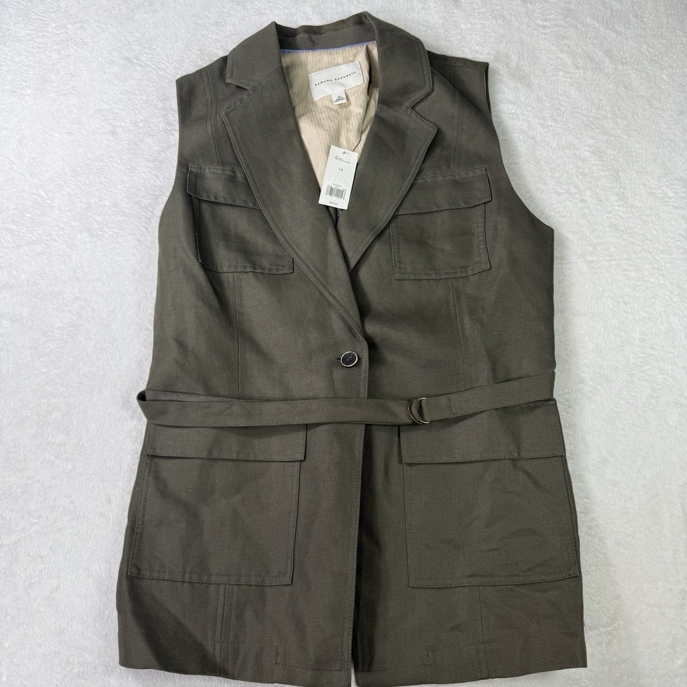 Banana Republic Olive Green Safari Travel Utility Vest Womens Size 14 Linen NWT